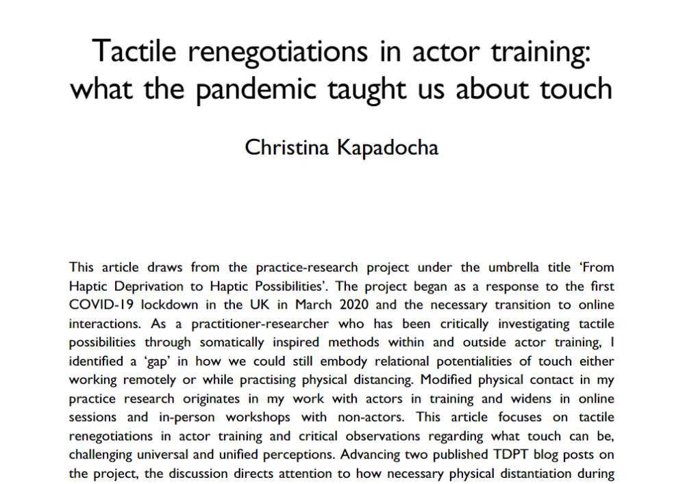 Tactile renegotiations in actor training: what the pandemic taught us about touch